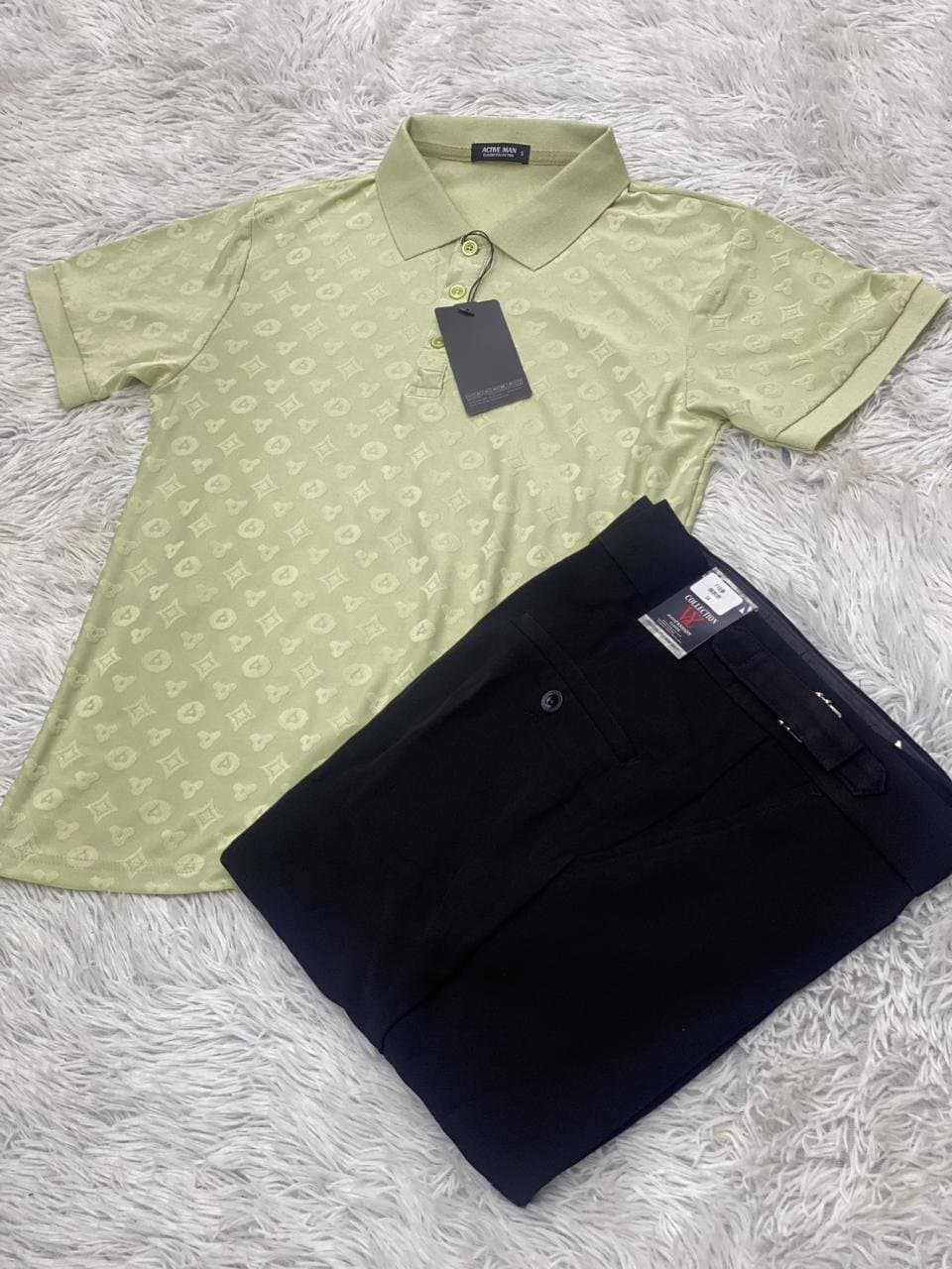 Casual Polo Shirt and Chino Pants Set — Green/Black, S-XXL