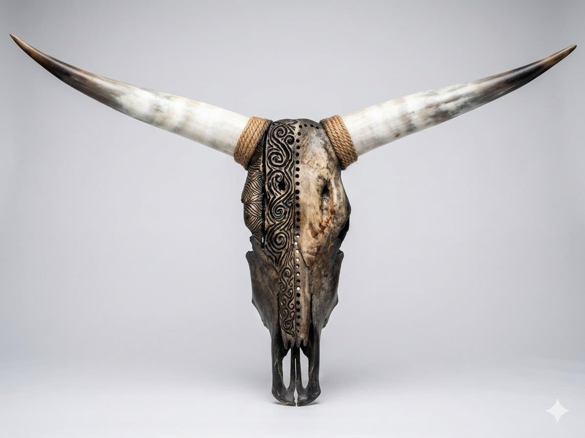 The Spiraled Sage - Hand Carved Nguni Skull with Polished Horns