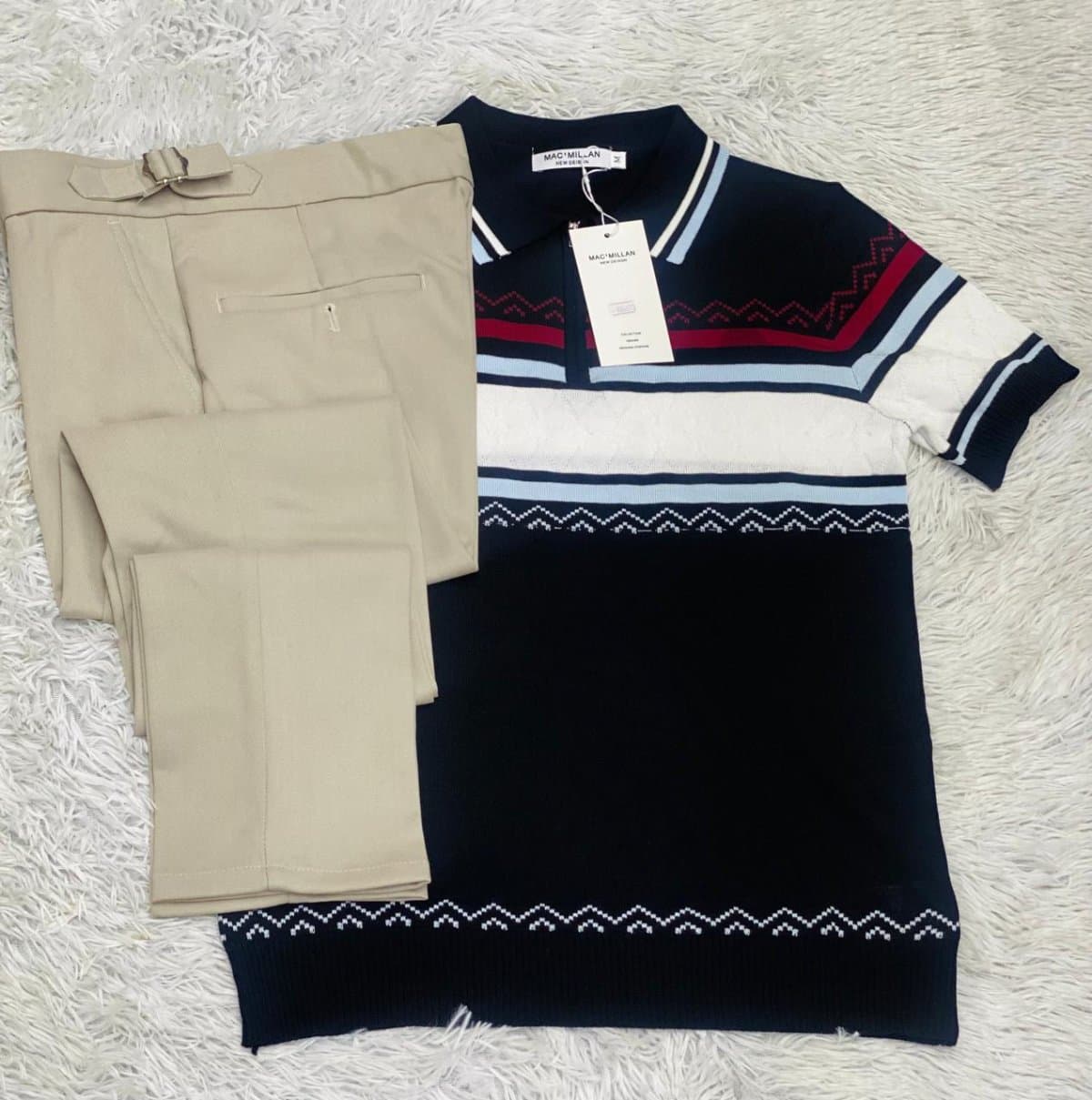 Men's Polo Shirt with Chino Pants Set — Cotton Blend, Navy/Beige