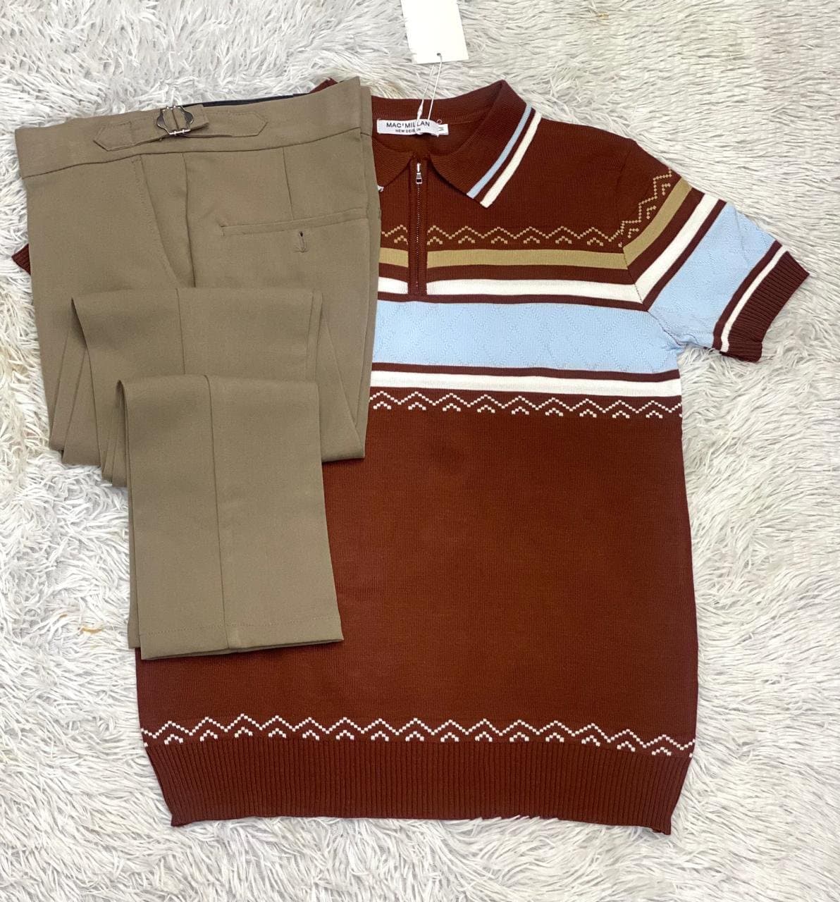 Stylish Knit Polo Shirt & Chino Pants Set — Brown/Beige, S-XXL
