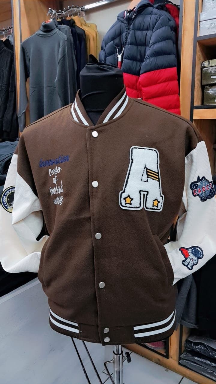 Varsity Jacket with Embroidered Patches — Brown/White